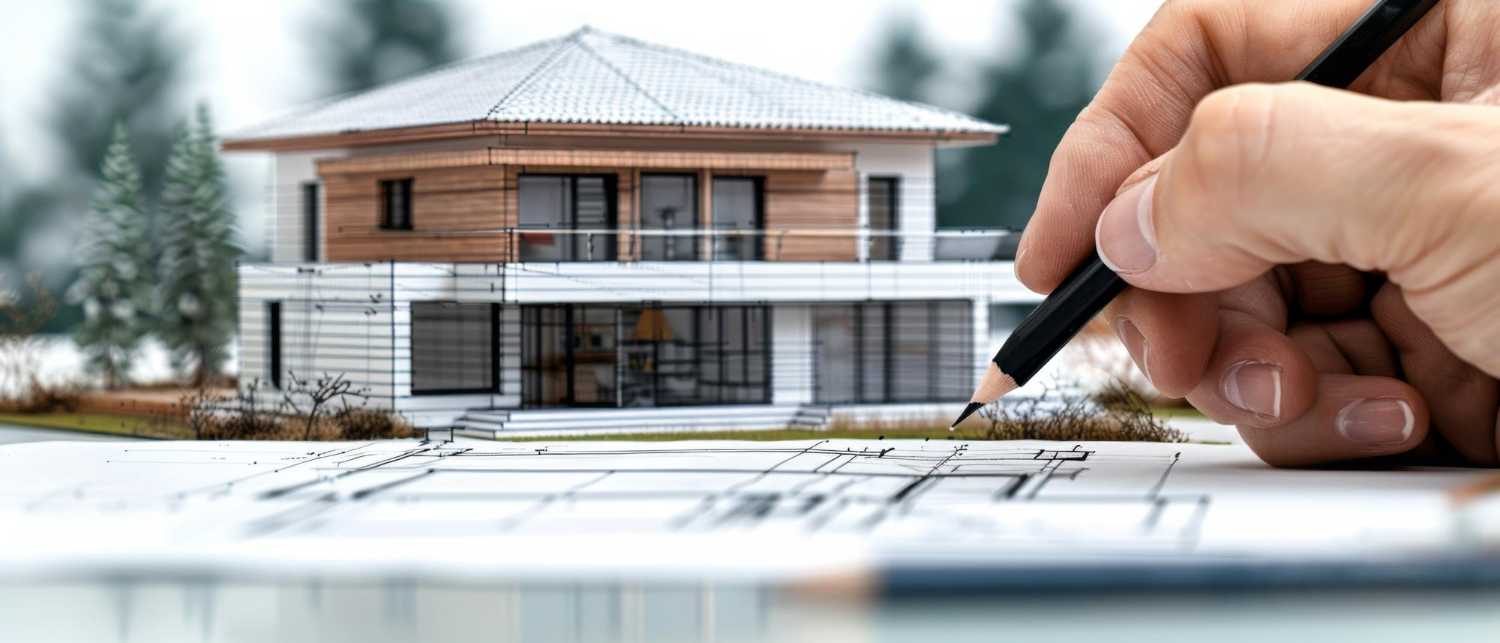 Architecte concevant une maison moderne avec des plans et un modèle 3D en arrière plan
